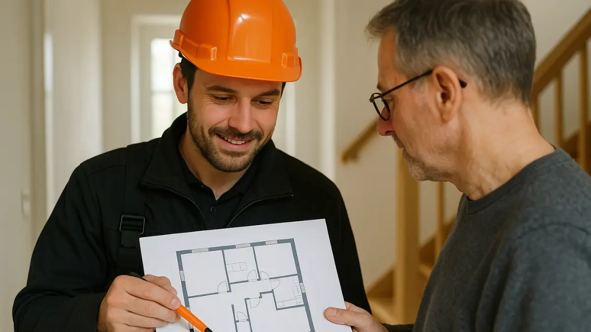 Techniker erklärt Glasfaserinstallation an Bauplan im Einfamilienhaus.