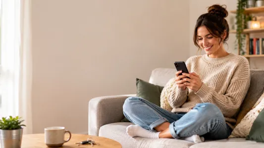 Junge Frau mit Smartphone auf dem Sofa. Bild KI-generiert