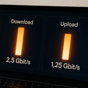 Bildschirm zeigt Speedtest-Ergebnisse mit Download- und Upload-Werten.