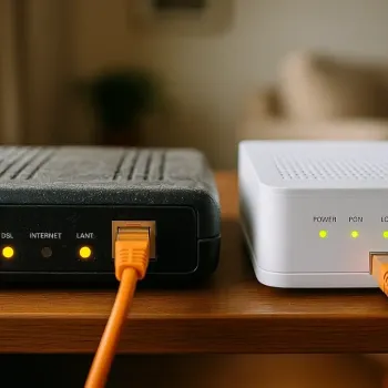 Router steht auf Tisch und ist über Kabel verbunden.