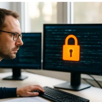 Mann arbeitet am Computer mit Sicherheitssymbol auf dem Bildschirm.