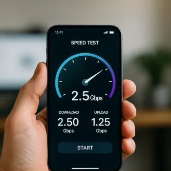 Hand zeigt Smartphone mit Speedtest und hoher Internetgeschwindigkeit.
